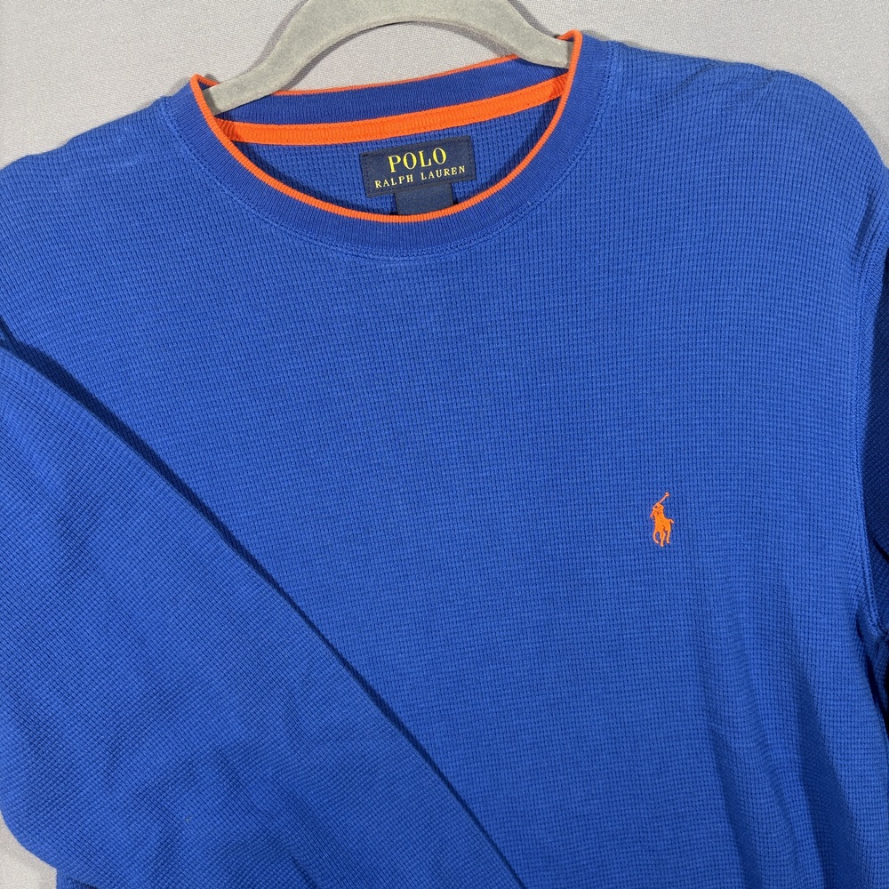 Polo Ralph Lauren Thermal Long Sleeve Shirt M Blue Orange Waffle Knit Preppy